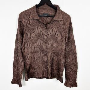 Vintage W.D.N.Y. Chocolate Brown Crinkle Stretch Button Down Blouse Size Small